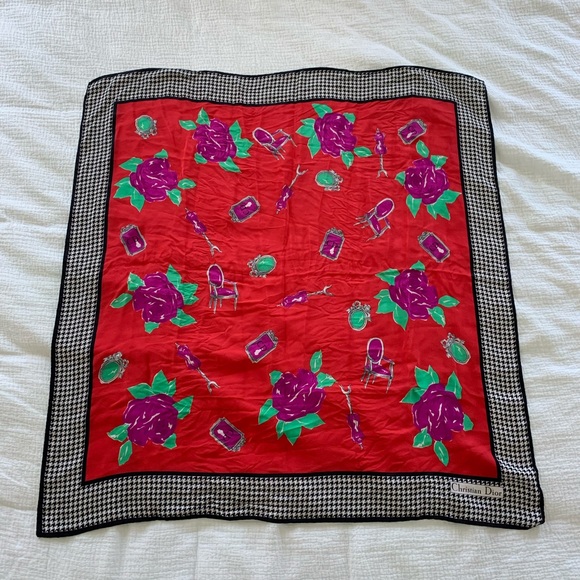 Christian Dior Silk Scarf with Houndstooth and Red Background 32x32 - Picture 1 of 6